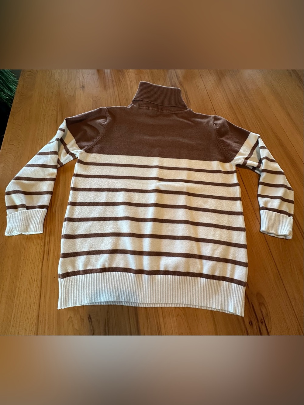 Women’s Brown and Cream Striped Turtleneck Sweater